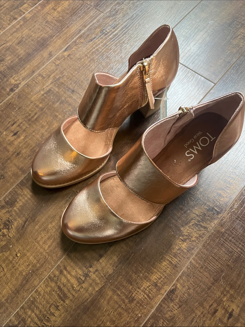 Toms Metallic Rose Gold Block Heel Sandals